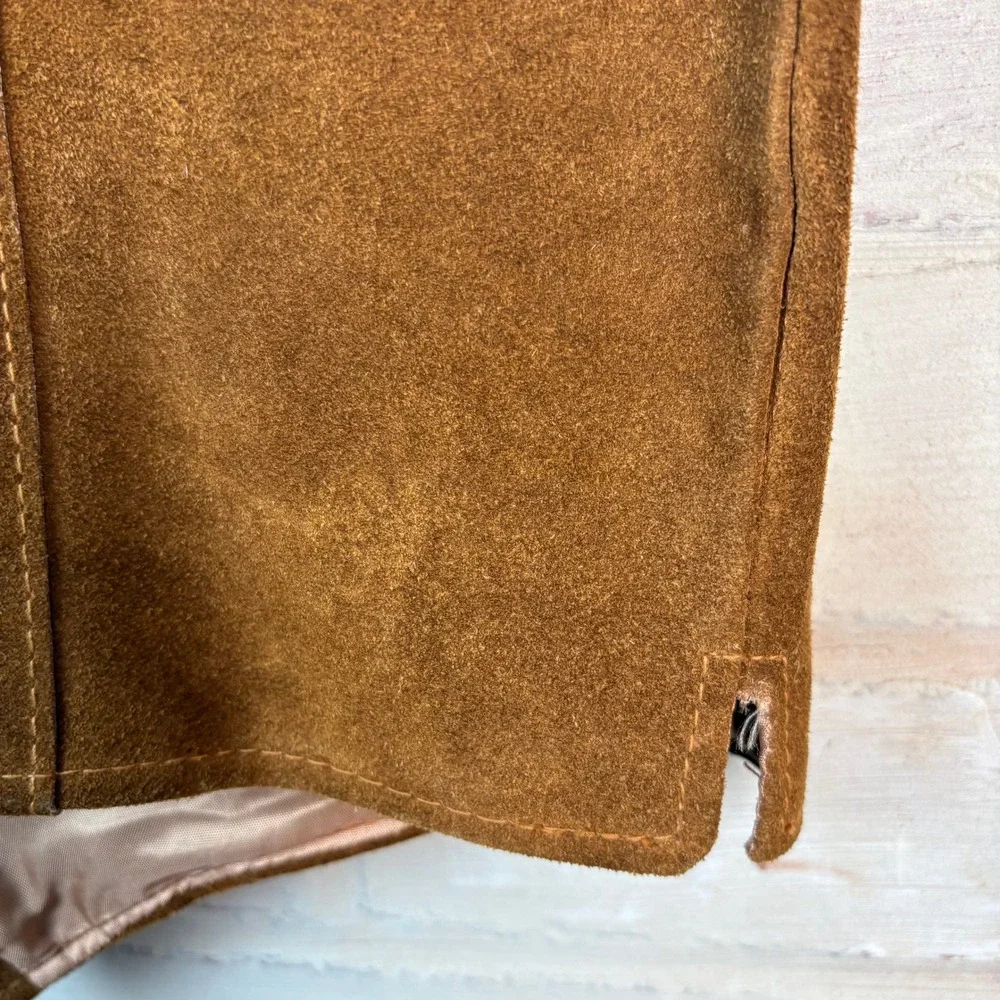 Vintage 70s Sears Leather Shop Suede Western Vest Tan Brown Satin Lined Size 44T